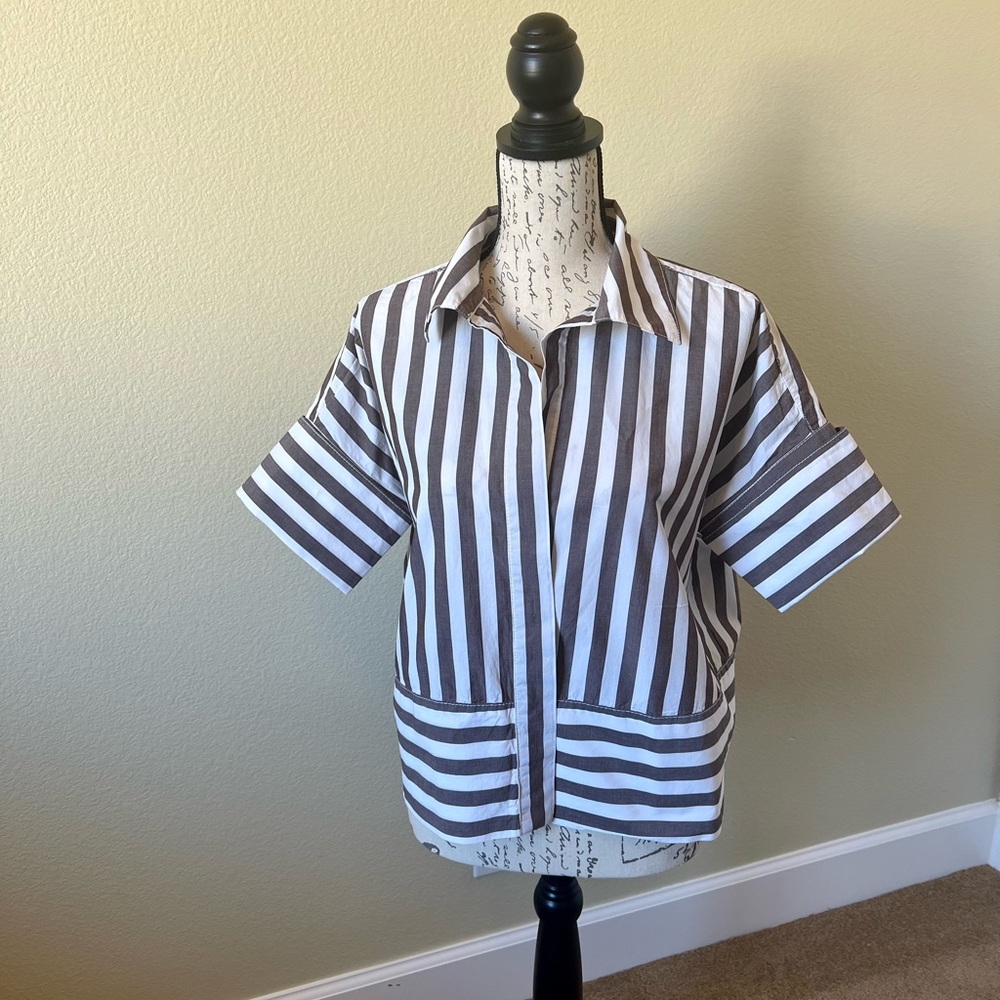 Sharp chocolate brown and white striped women’s shirt